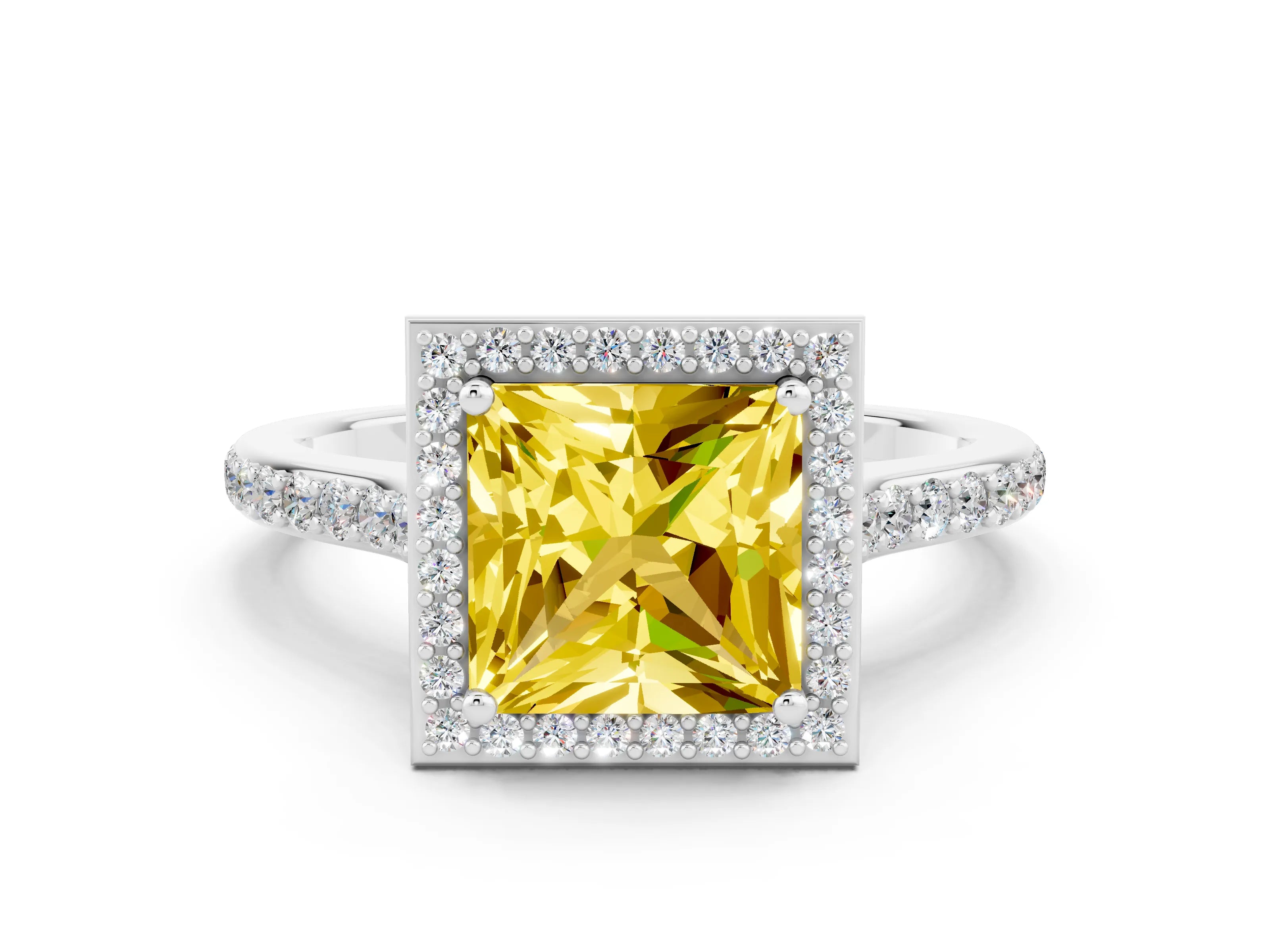 White gold Princess Cut Halo Round Diamond Pavé Band with Four-Prong Setting