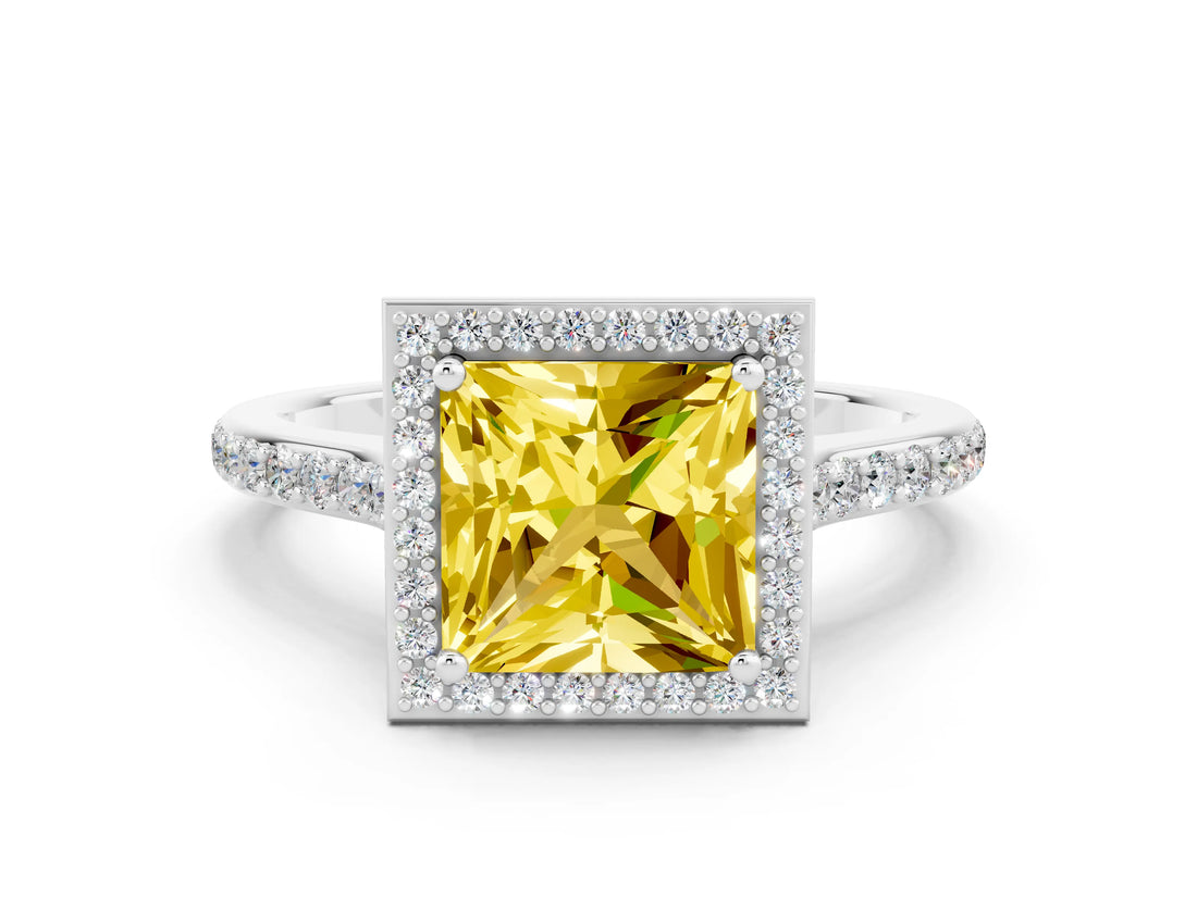 White gold Princess Cut Halo Round Diamond Pavé Band with Four-Prong Setting