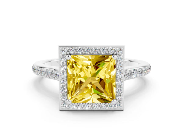 Platinum Princess Cut Yellow Sapphire Halo Engagement Ring with Round Pavé Shoulders and Prong Setting