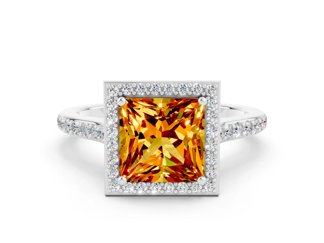 White gold Princess Cut Halo Round Diamond Pavé Band with Four-Prong Setting