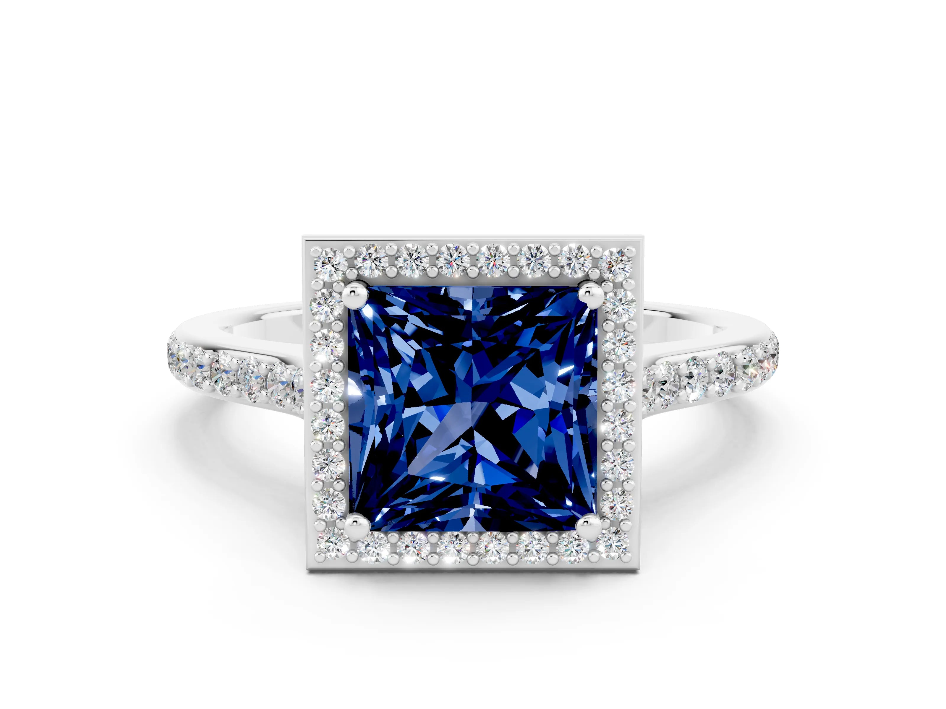 White gold Princess Cut Halo Round Diamond Pavé Band with Four-Prong Setting