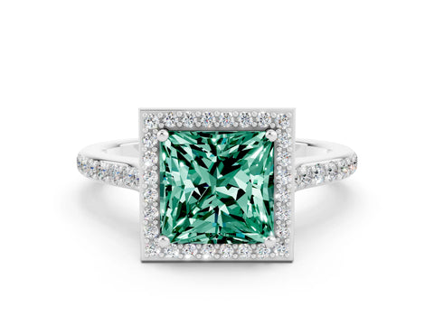 White gold Princess Cut Halo Round Diamond Pavé Band with Four-Prong Setting