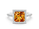 White gold Princess Cut Halo Round Diamond Pavé Band with Four-Prong Setting