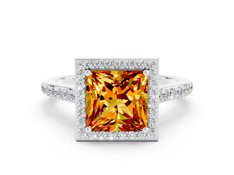 White gold Princess Cut Halo Round Diamond Pavé Band with Four-Prong Setting