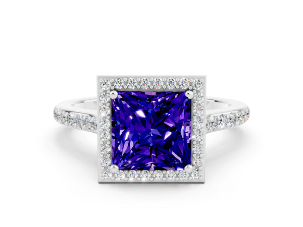 Silver Princess Cut Tanzanite Halo Engagement Ring with Round Pavé Shoulders and Prong Setting