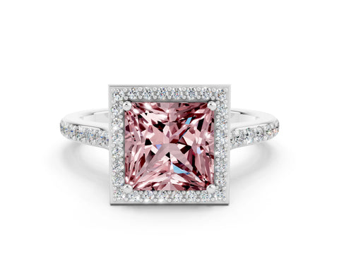 White gold Princess Cut Halo Round Diamond Pavé Band with Four-Prong Setting