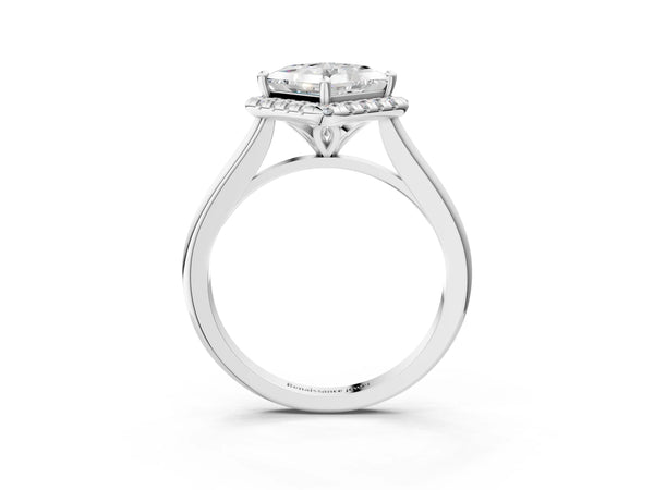 White gold Princess Cut Halo Round Diamond Solitaire Engagement Ring with Pave Band and Four-Prong Setting