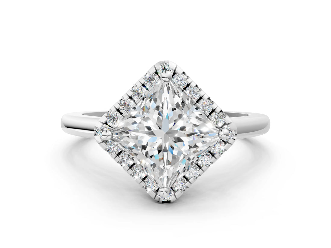 White gold Princess Cut Halo Round Diamond Solitaire Engagement Ring with Pave Band and Four-Prong Setting_7