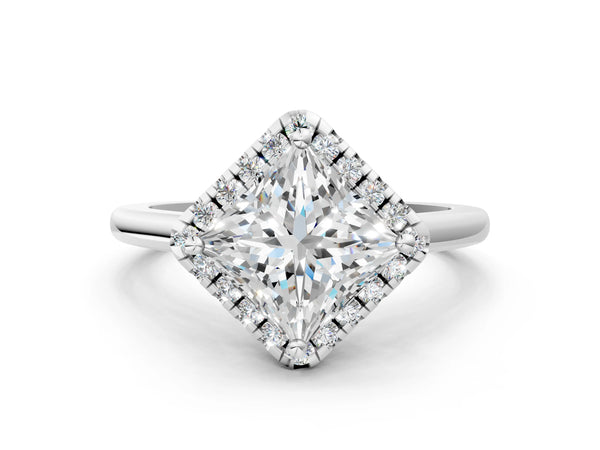 White gold Princess Cut Halo Round Diamond Solitaire Engagement Ring with Pave Band and Four-Prong Setting