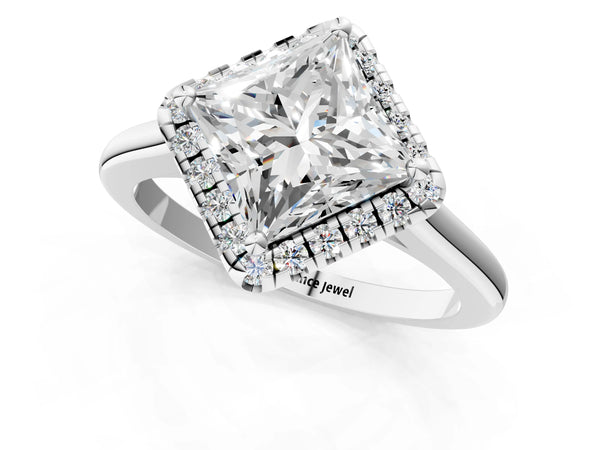 White gold Princess Cut Halo Round Diamond Solitaire Engagement Ring with Pave Band and Four-Prong Setting