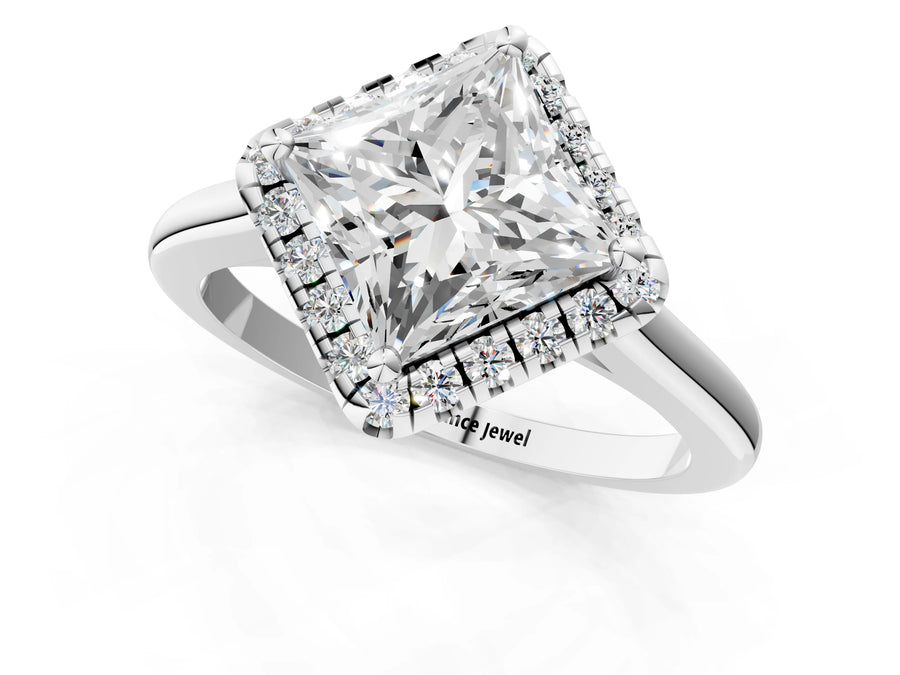 White gold Princess Cut Halo Round Diamond Solitaire Engagement Ring with Pave Band and Four-Prong Setting