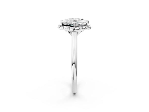 White gold Princess Cut Halo Round Diamond Solitaire Engagement Ring with Pave Band and Four-Prong Setting