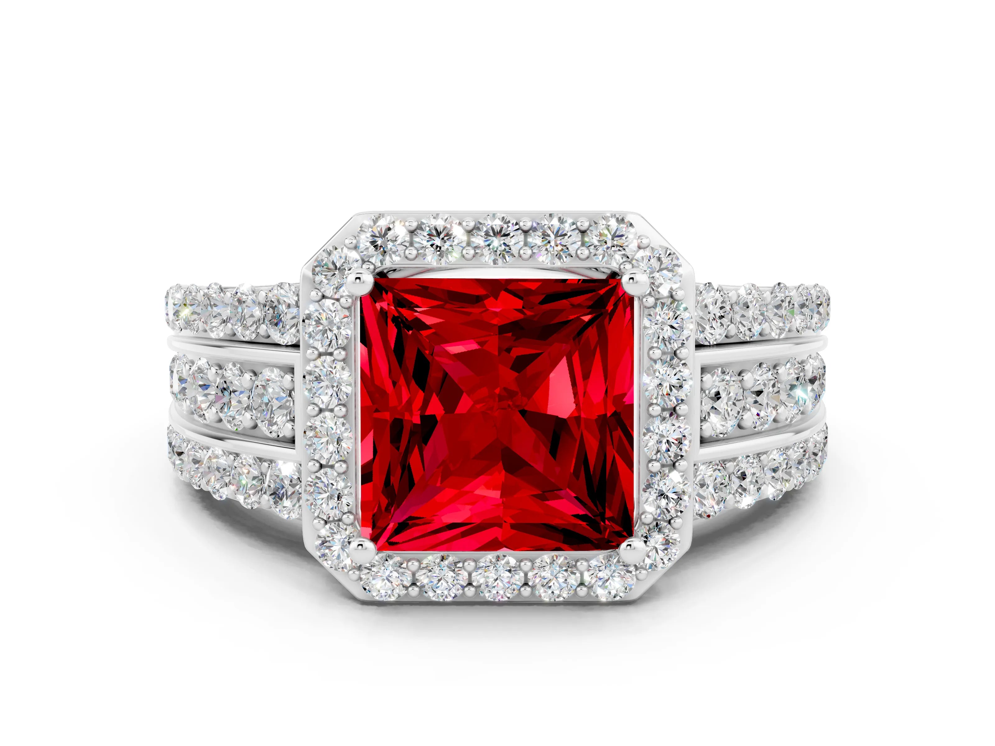 White gold Princess Cut Halo Ruby Ring with Split Shank and Four-Prong Setting