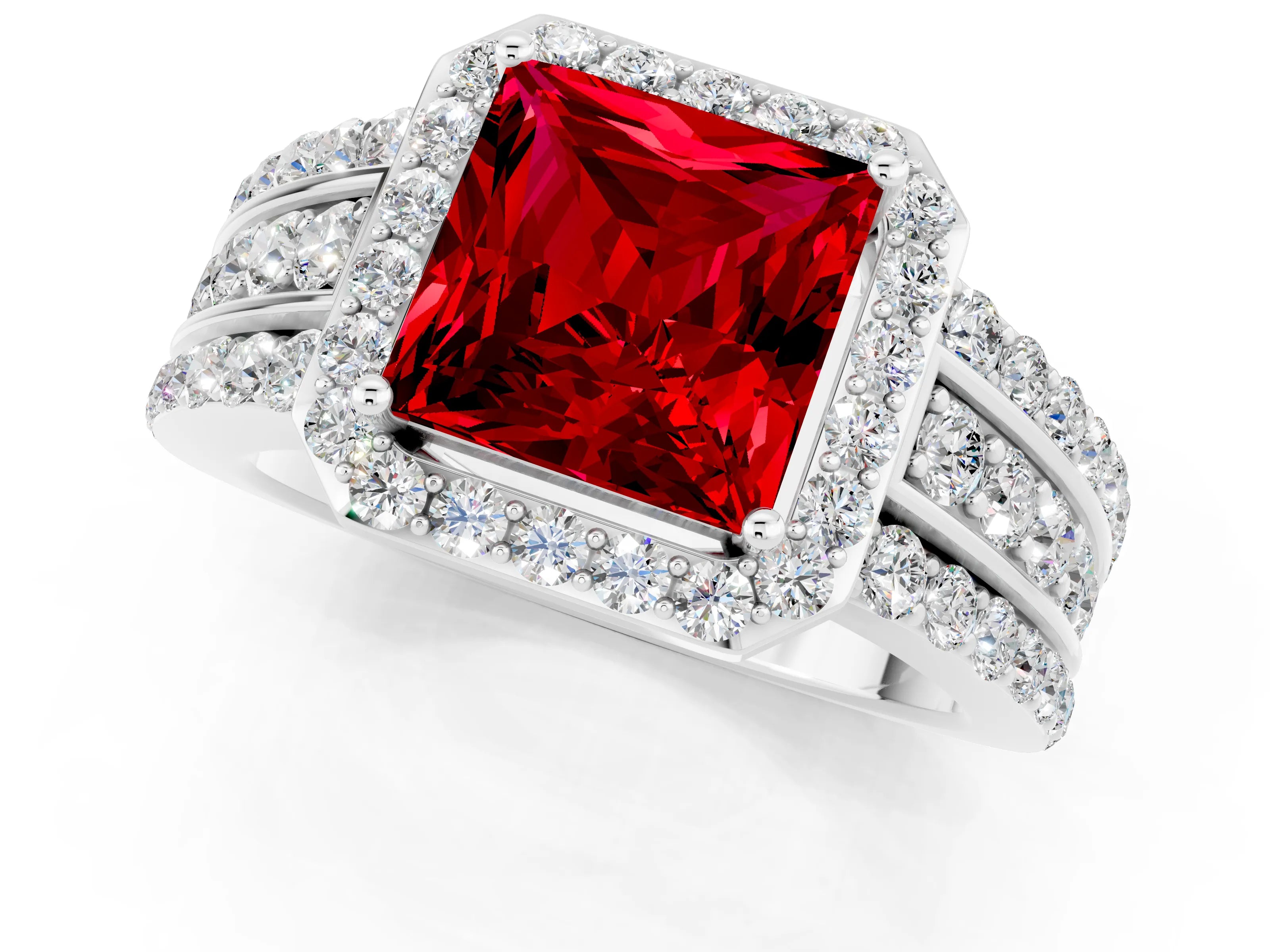 White gold Princess Cut Halo Ruby Ring with Split Shank and Four-Prong Setting_1