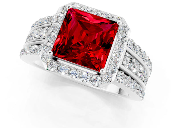 White gold Princess Cut Halo Ruby Ring with Round  Split Shank and Prong Setting