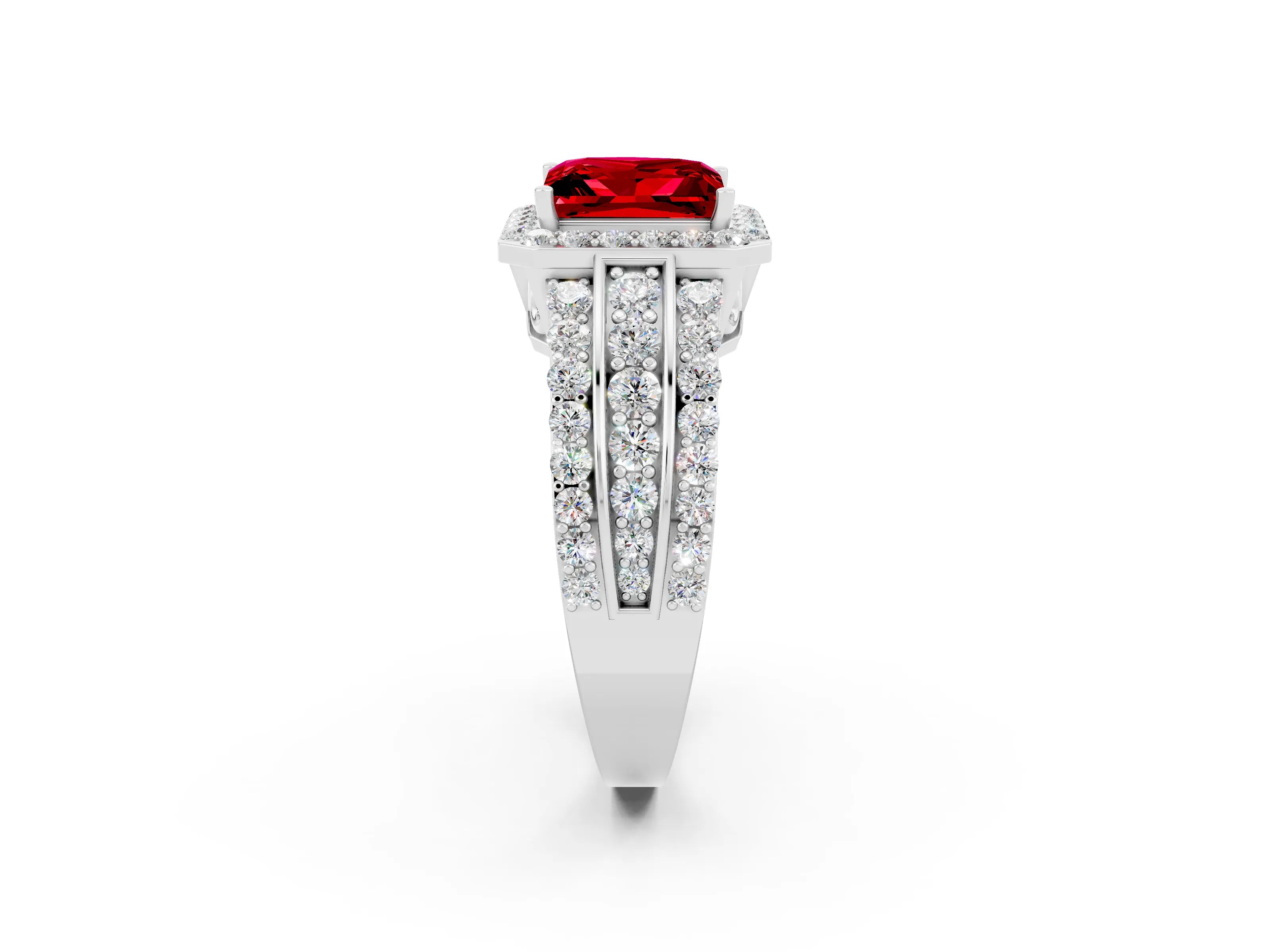 White gold Princess Cut Halo Ruby Ring with Split Shank and Four-Prong Setting_2