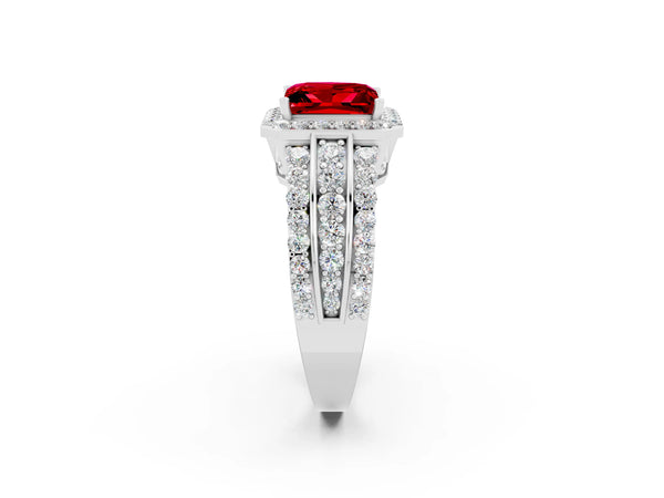 Silver Princess Cut Halo Ruby Ring with Round  Split Shank and Prong Setting