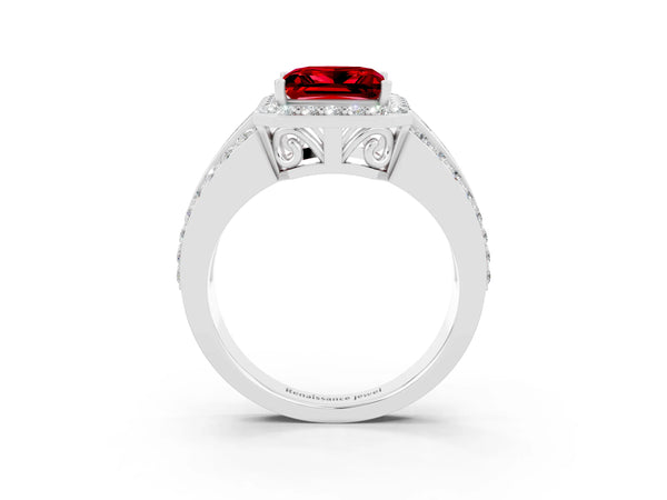 White gold Princess Cut Halo Ruby Ring with Round  Split Shank and Prong Setting