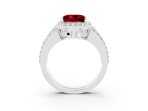 White gold Princess Cut Halo Ruby Ring with Split Shank and Four-Prong Setting_3