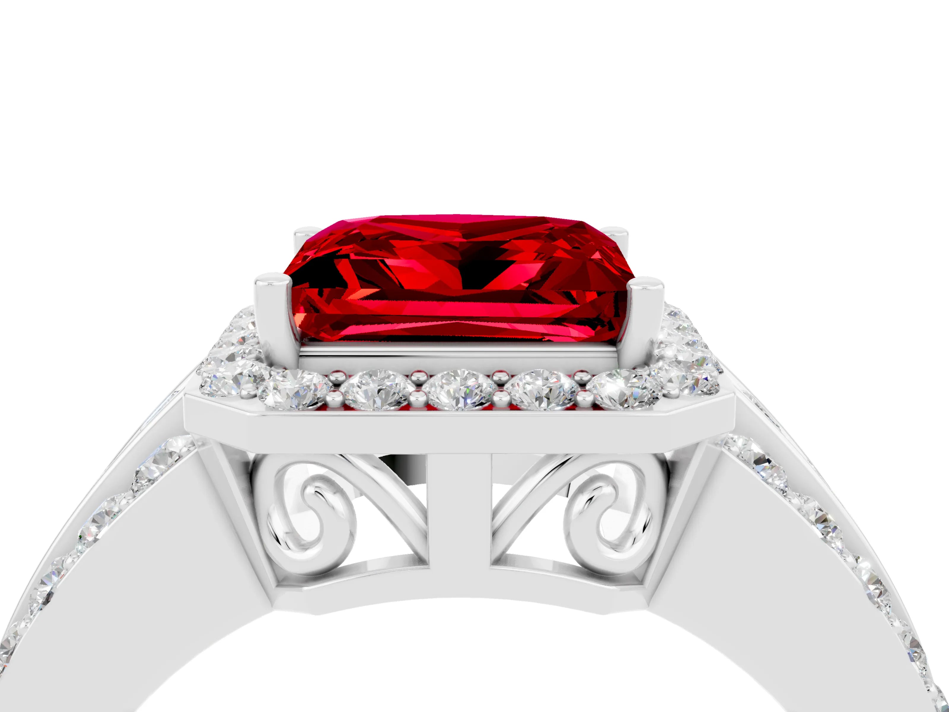 White gold Princess Cut Halo Ruby Ring with Split Shank and Four-Prong Setting_4