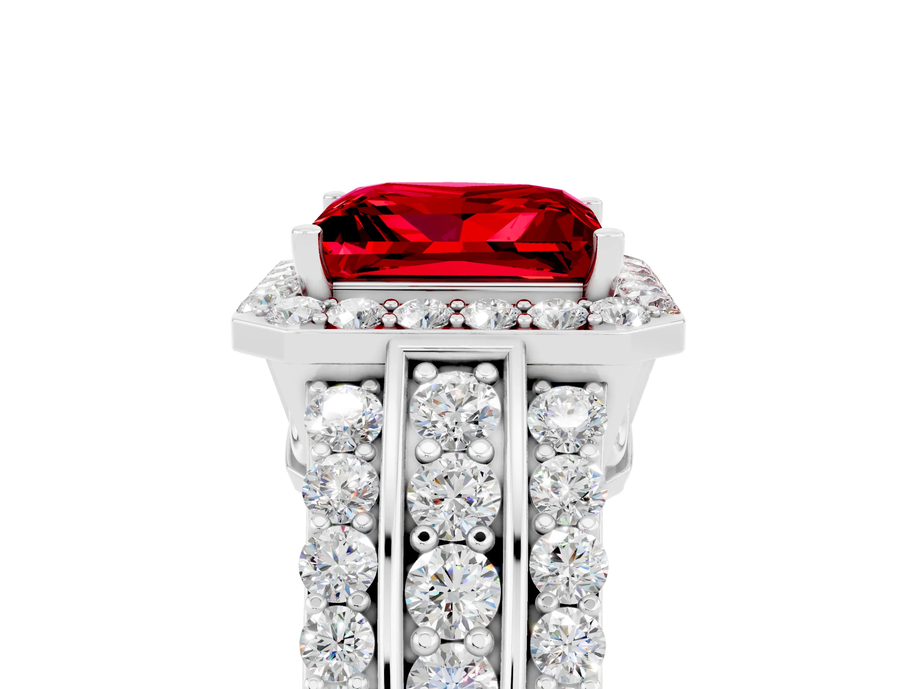 White gold Princess Cut Halo Ruby Ring with Split Shank and Four-Prong Setting_5