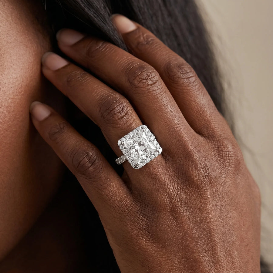 White gold Princess Cut Halo Solitaire Engagement Ring with Square Band and Four-Prong Setting