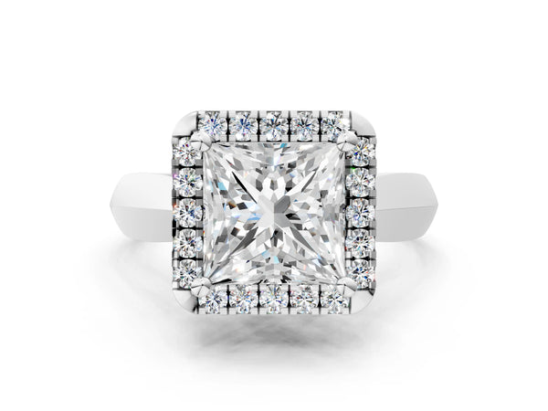 White gold Princess Cut Halo Solitaire Engagement Ring with Square Band and Four-Prong Setting