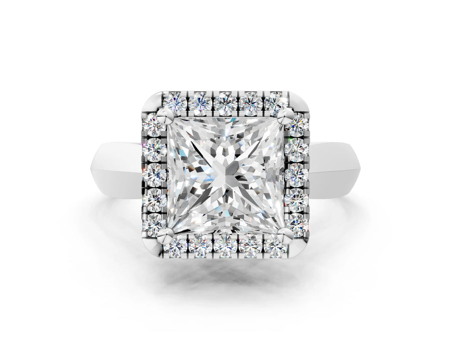 White gold Princess Cut Halo Solitaire Engagement Ring with Square Band and Four-Prong Setting