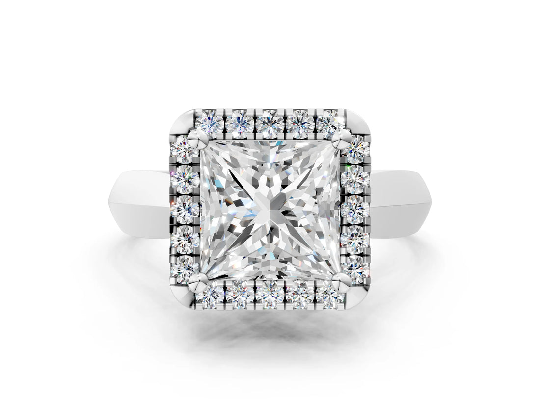 White gold Princess Cut Halo Solitaire Engagement Ring with Square Band and Four-Prong Setting_182