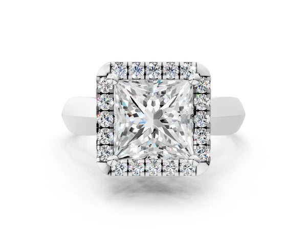 White gold Princess Cut Halo Solitaire Engagement Ring with Square Band and Four-Prong Setting