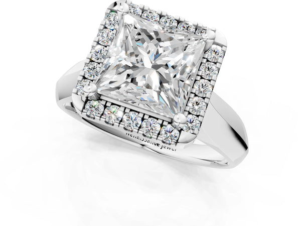 White gold Princess Cut Halo Solitaire Engagement Ring with Square Band and Four-Prong Setting