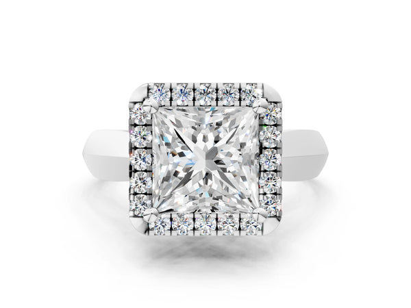 White gold Princess Cut Halo Solitaire Engagement Ring with Square Band and Four-Prong Setting