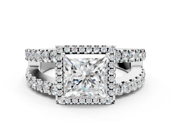 White gold Princess Cut Halo Split Shank Diamond Ring with Four-Prong Setting