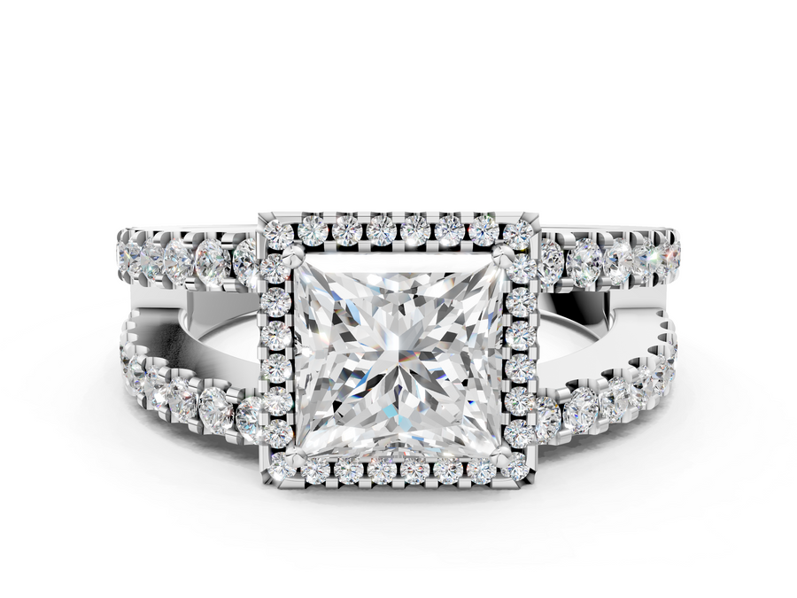 White gold Princess Cut Halo Split Shank Diamond Ring with Four-Prong Setting