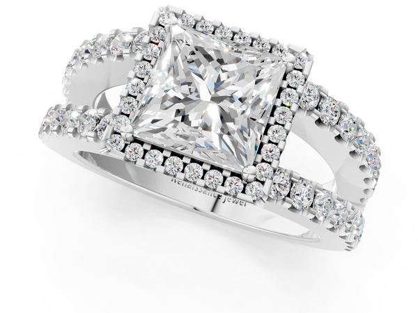 White gold Princess Cut Halo Split Shank Diamond Ring with Four-Prong Setting