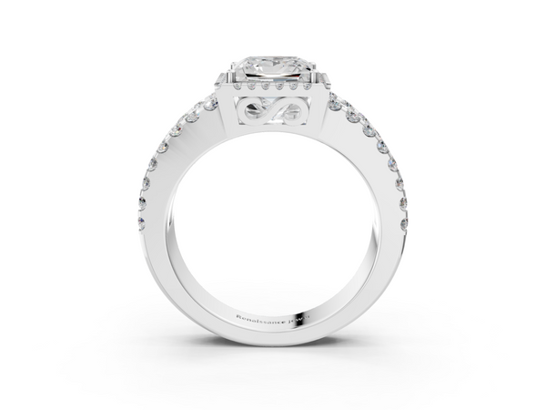 White gold Princess Cut Halo Split Shank Diamond Ring with Four-Prong Setting