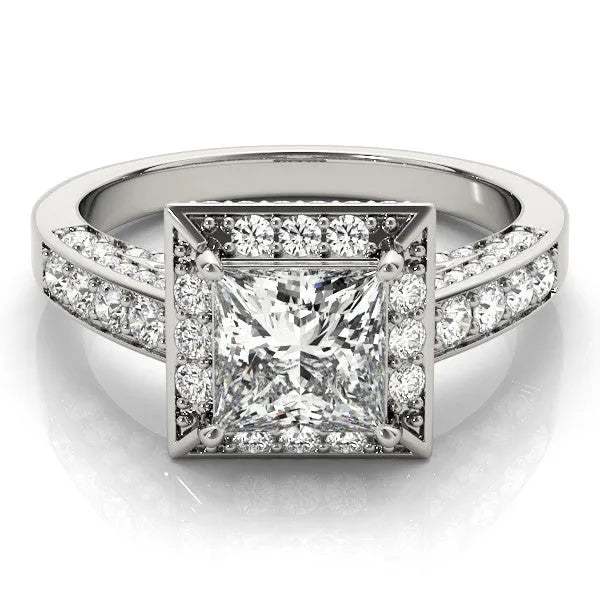 White gold Princess Cut Halo Split Shank Engagement Ring with Four-Prong Setting
