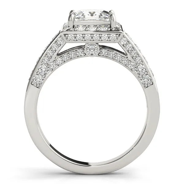White gold Princess Cut Halo Split Shank Engagement Ring with Four-Prong Setting