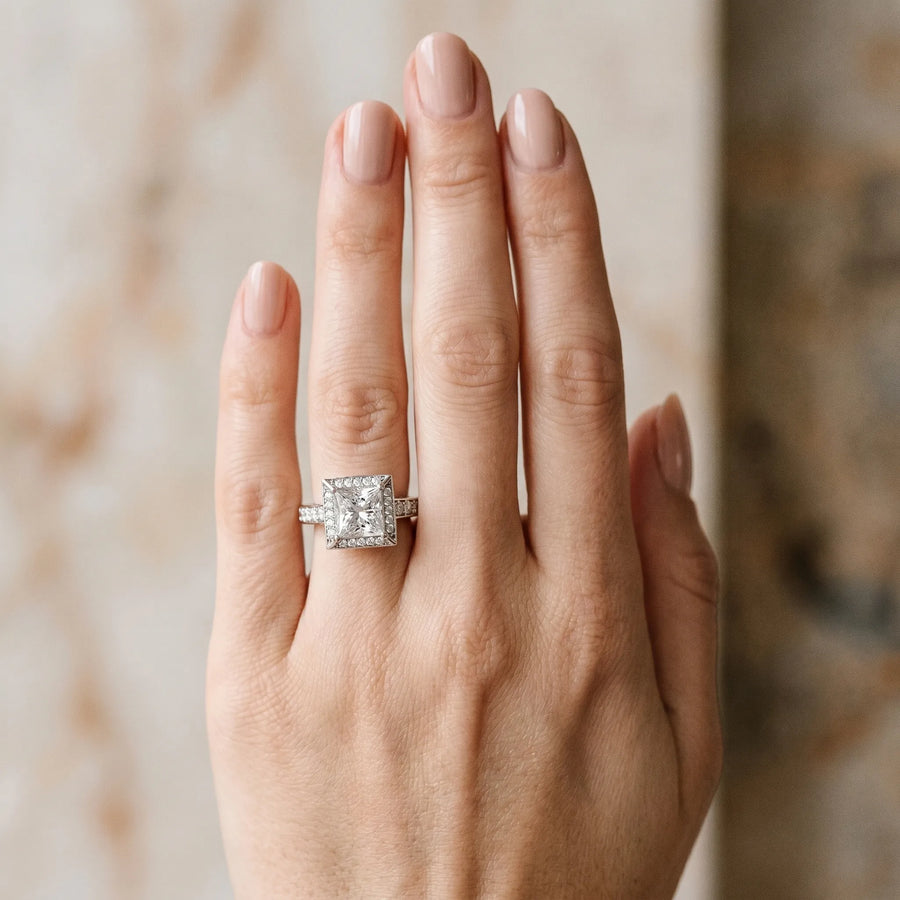 White gold Princess Cut Halo Split Shank Engagement Ring with Four-Prong Setting