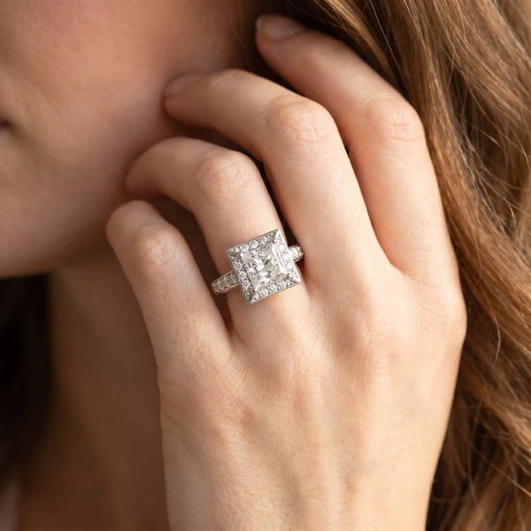 White gold Princess Cut Halo Split Shank Engagement Ring with Four-Prong Setting