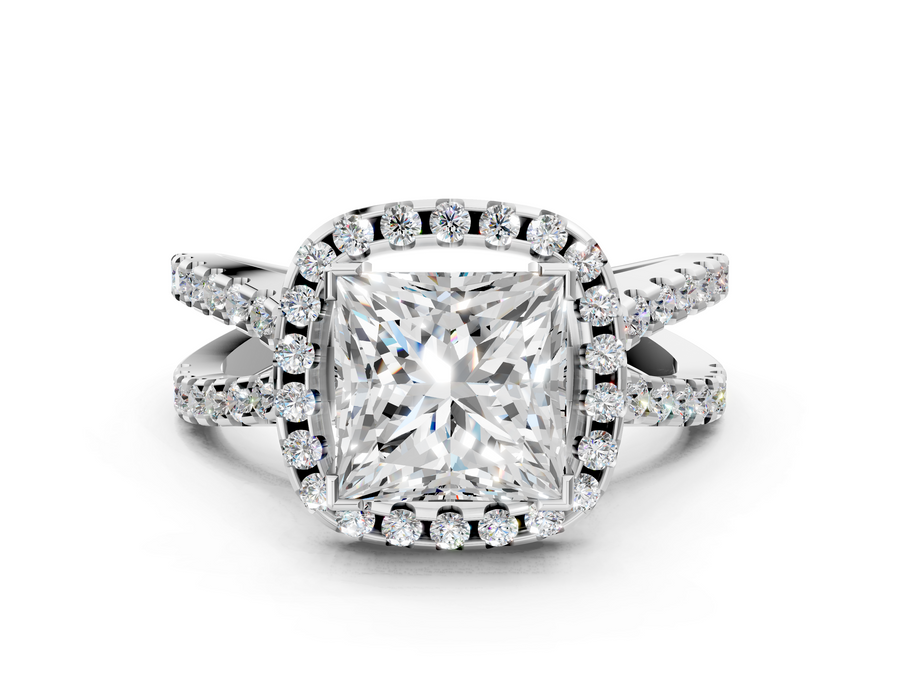 White gold Princess Cut Halo Split Shank Pave Set Ring
