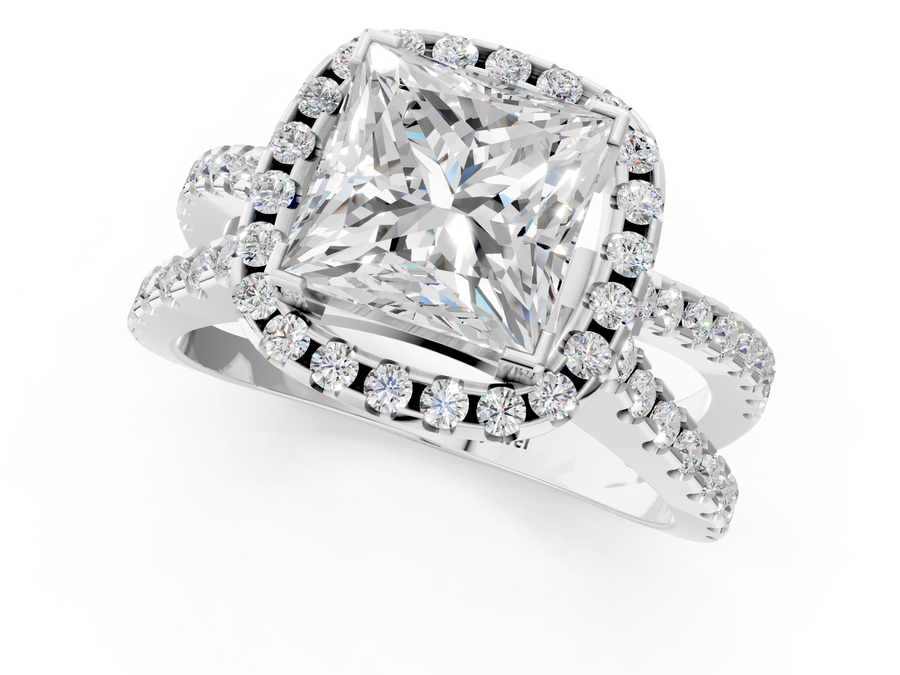 White gold Princess Cut Halo Split Shank Pave Set Ring