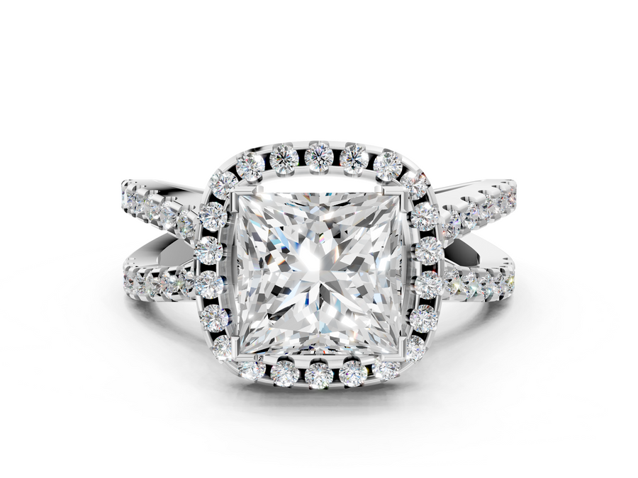 White gold Princess Cut Halo Split Shank Pave Set Ring