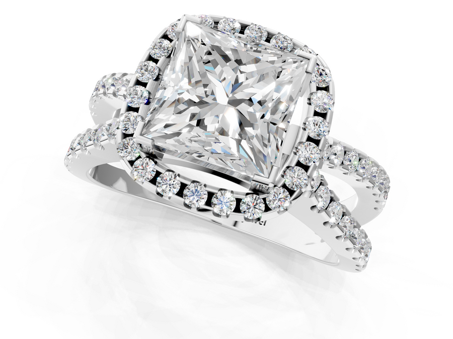 White gold Princess Cut Halo Split Shank Pave Set Ring