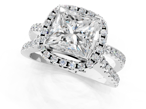 10K White Gold 1.08 Carat D VS1 Princess Diamond Halo Ring with Split Shank Pavé Band and Prong Setting