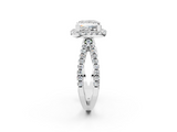 10K White Gold 1.08 Carat D VS1 Princess Diamond Halo Ring with Split Shank Pavé Band and Prong Setting
