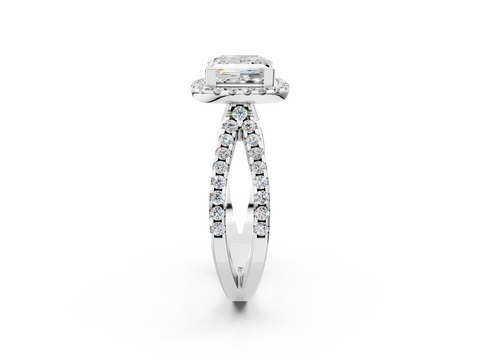10K White Gold 1.08 Carat D VS1 Princess Diamond Halo Ring with Split Shank Pavé Band and Prong Setting