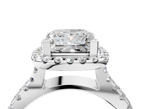 10K White Gold 1.08 Carat D VS1 Princess Diamond Halo Ring with Split Shank Pavé Band and Prong Setting