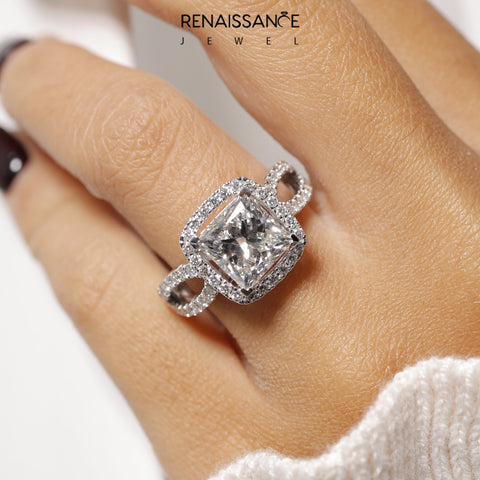 10K White Gold 1.08 Carat D VS1 Princess Diamond Halo Ring with Split Shank Pavé Band and Prong Setting