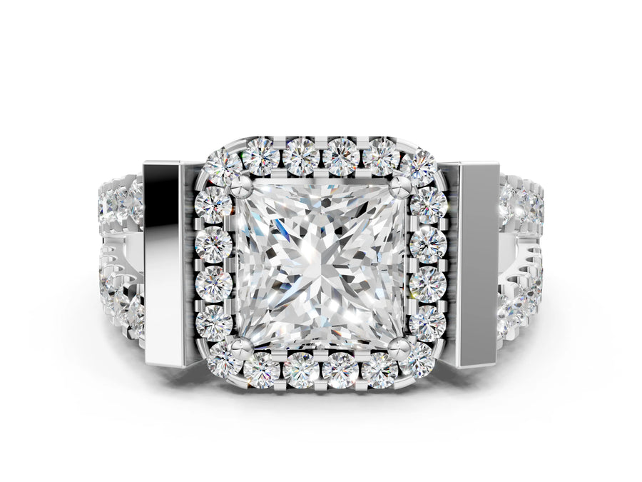 White gold Princess Cut Diamond Halo Split Shank Prong Set Ring